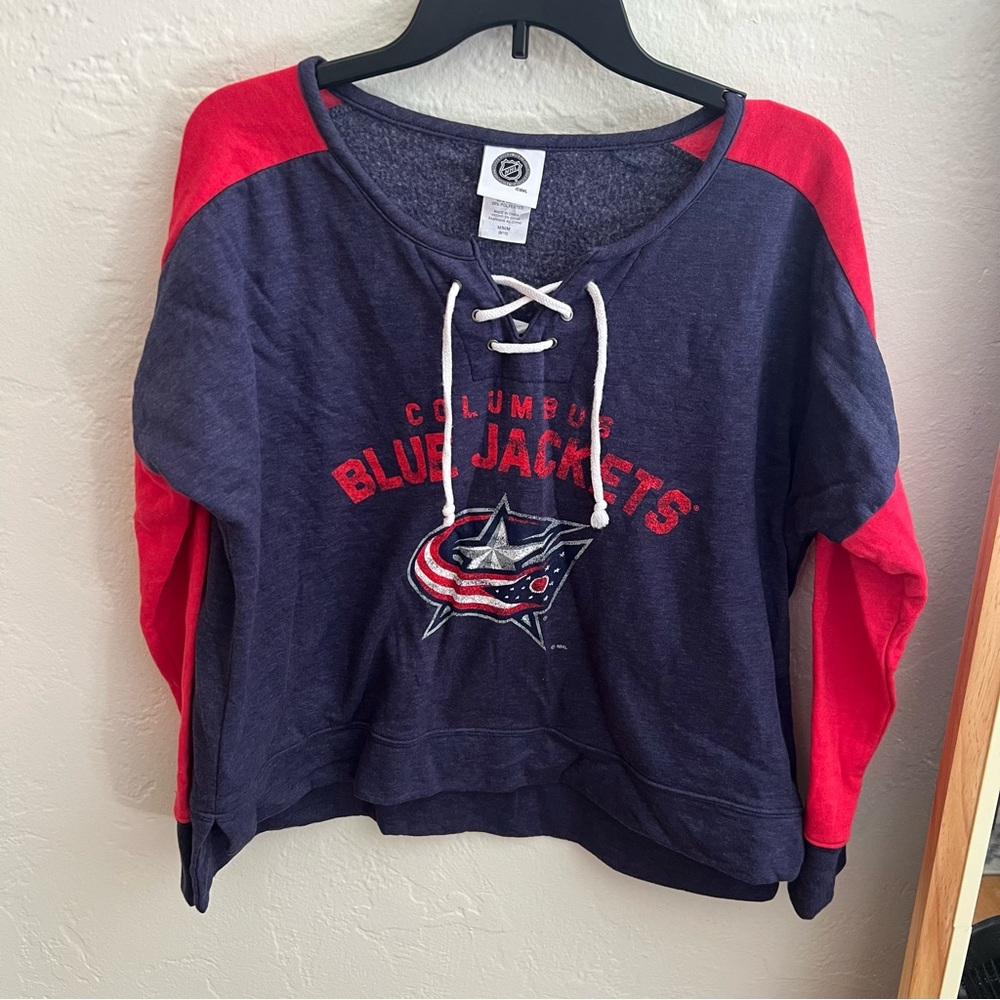 NHL Columbus Blue Jackets Blue and Red Lace-Up Long Sleeve Shirt Sz. M